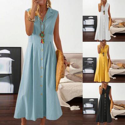 Verão lapela com decote em v sem mangas camisa vestido de cintura alta único breasted cintura apertada cor sólida midi vestido workwear