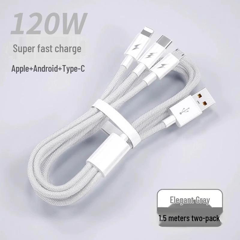 Multi-Head 3-in-1 Fast Charging Cable: 120W for Home, 66W for Car, Compatible with Apple Devices.