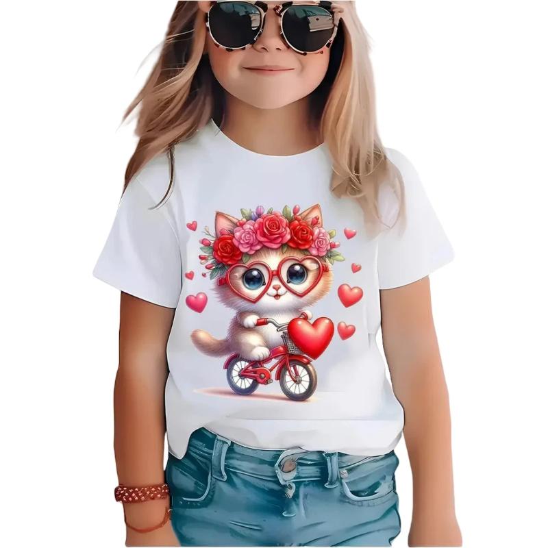 New Cartoon Cat Girl T-Shirt Short Sleeve Top Clothes Round Neck Top Fashion Junior Girls' Clothing Cute Outdoor Kids Tee