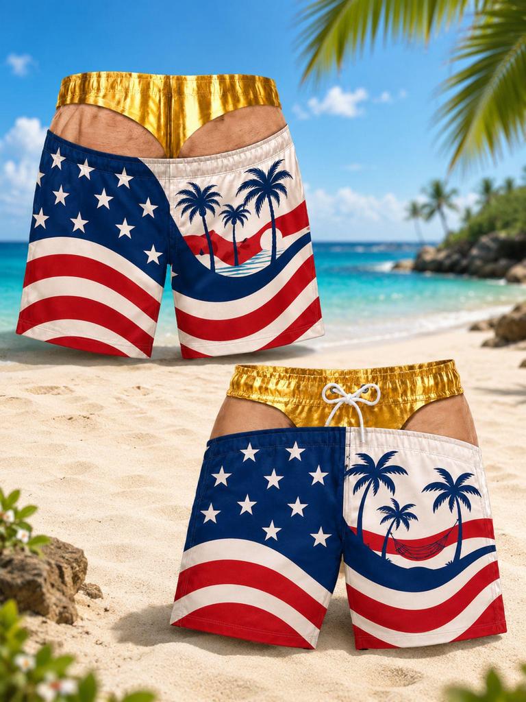 Men's American Flag Quick-Dry Summer & Fall Beach Swim Trunks - Casual Plus Size Shorts
