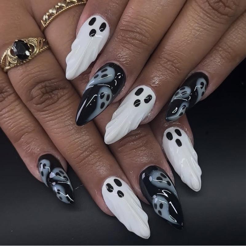 30 Piece Halloween Almond-Shaped Wearable Nails With 3D Black & White Ghost Nail Art Tips