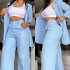 Women's Elegant Solid-Color Two-Piece Suit Set - Notched Lapel Blazer with Slit Sleeves & Straight-Leg Pants with Slant Pockets