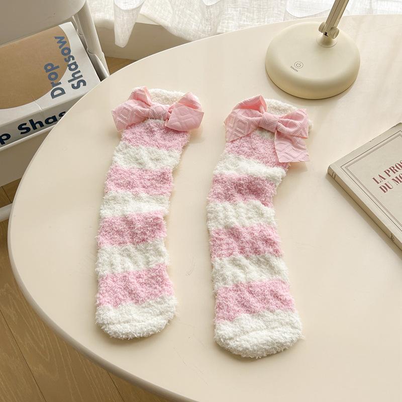 

Coral Fleece Tube Socks Women S Bow Striped Socks Sweet Home Sleeping Socks Cute Plush Socks One size fits all розовый