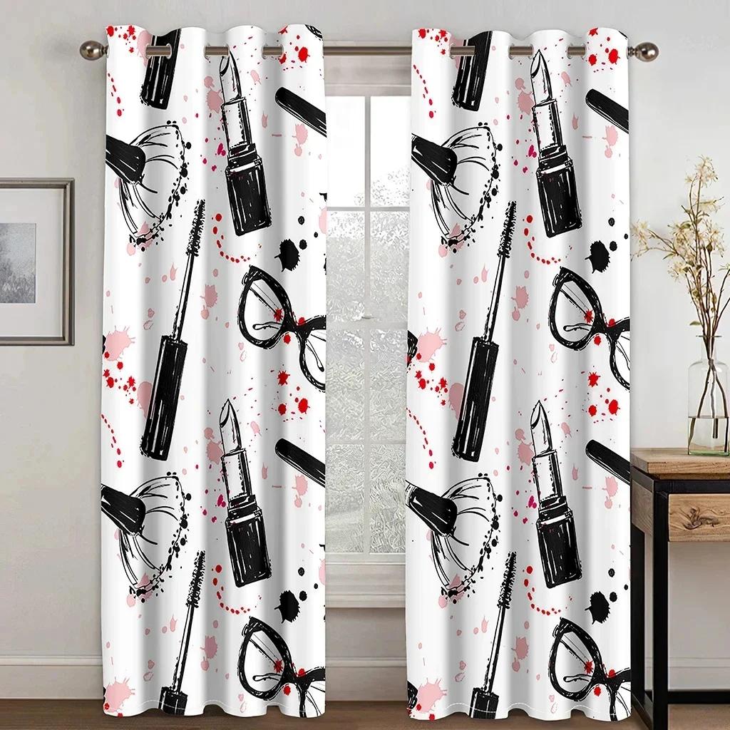 3D 2pcs Curtains For Beauty Salons Simple Red Lips Makeup Brush Grommet Top Fabric Curtains Decor For Living Room Office Home D