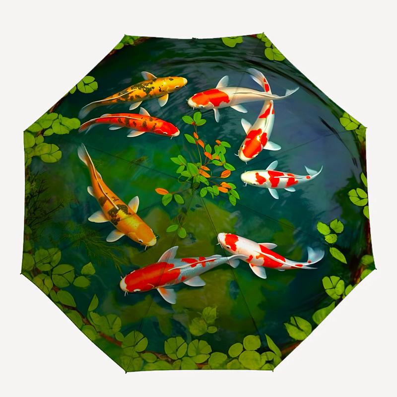 1pc Koi Fish Pond with Green LeavesUmbrella with Plastic Handle,Suitable for All Seasons Home Travel Outdoor UmbrellaB1786