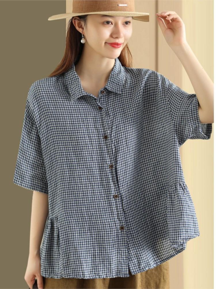 

Johnature женские клетчатые винтажные рубашки с отложным воротником и короткими рукавами, летние женские повседневные рубашки на пуговицах