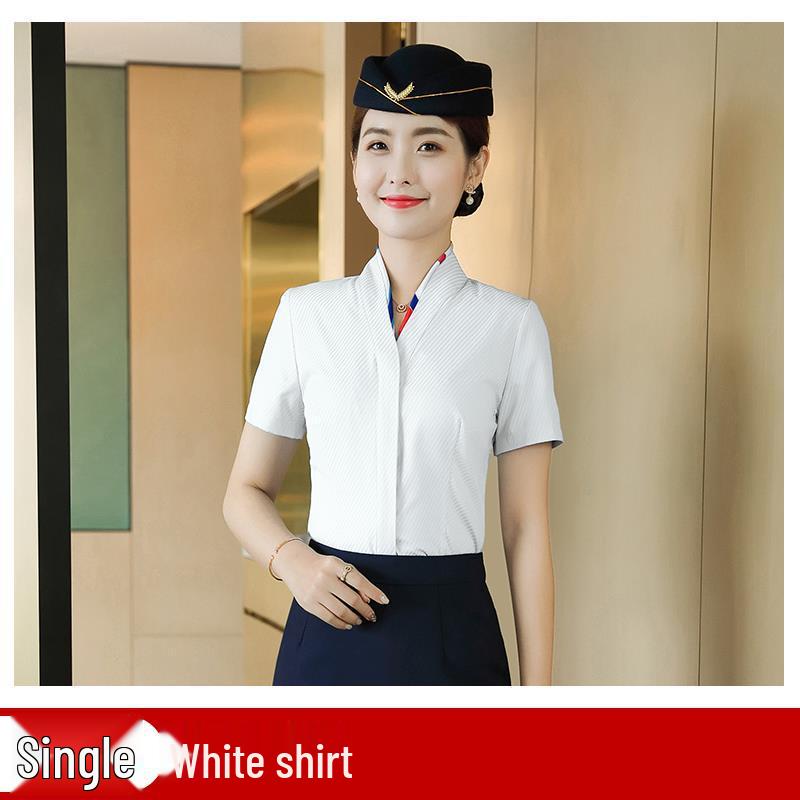 Women's White V-neck Professional Flight Attendant Shirt: Interview and Workwear Suit for Airline and Hotel Staff