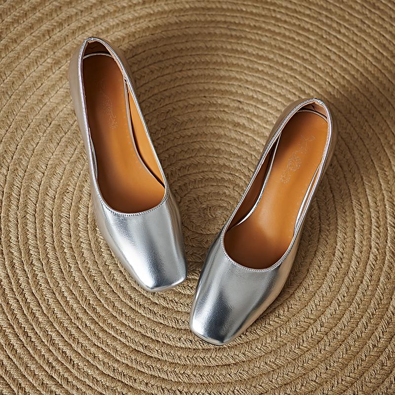 Women's High-heeled Single Shoes Simple and Versatile Thick Heel Large Size Square Head Shallow Mouth Low-top Shoes