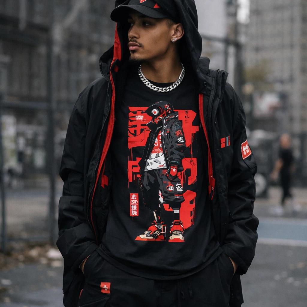 Cyberpunk Graphic tshirt Streetwear Japanese Anime Style Urban Black Tee Unisex L