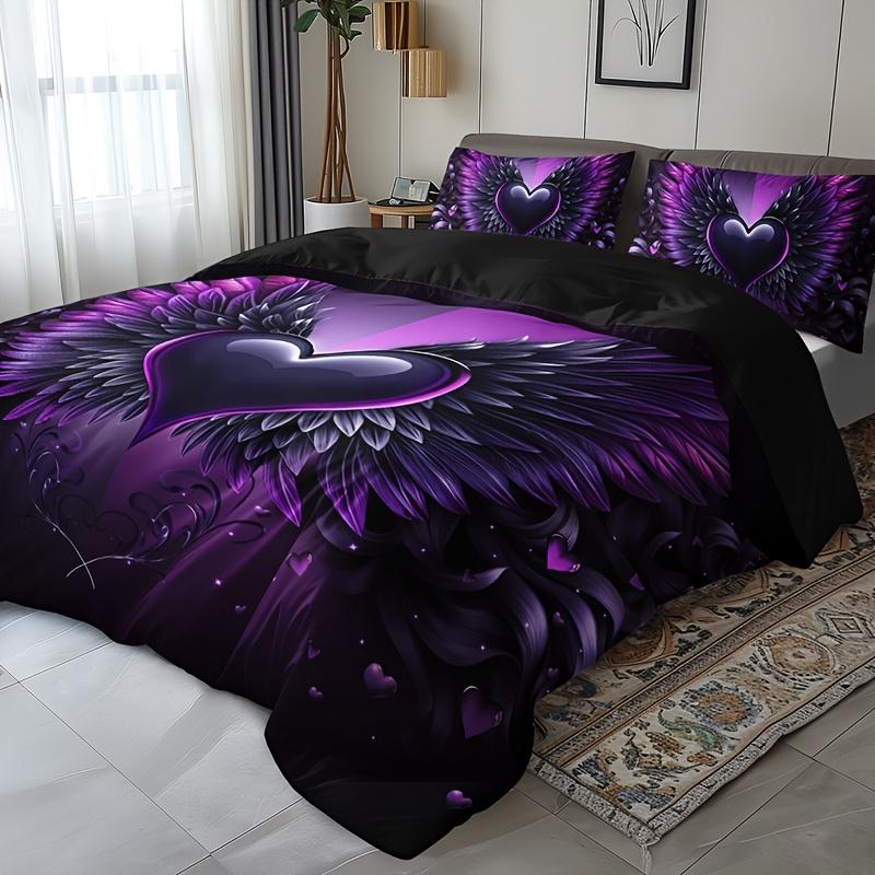 Love Gradient Purple Wings Quilt Cover Set 1 Quilt Cover + 2 Pillowcases High-Definition Printing For Home And Dormitory