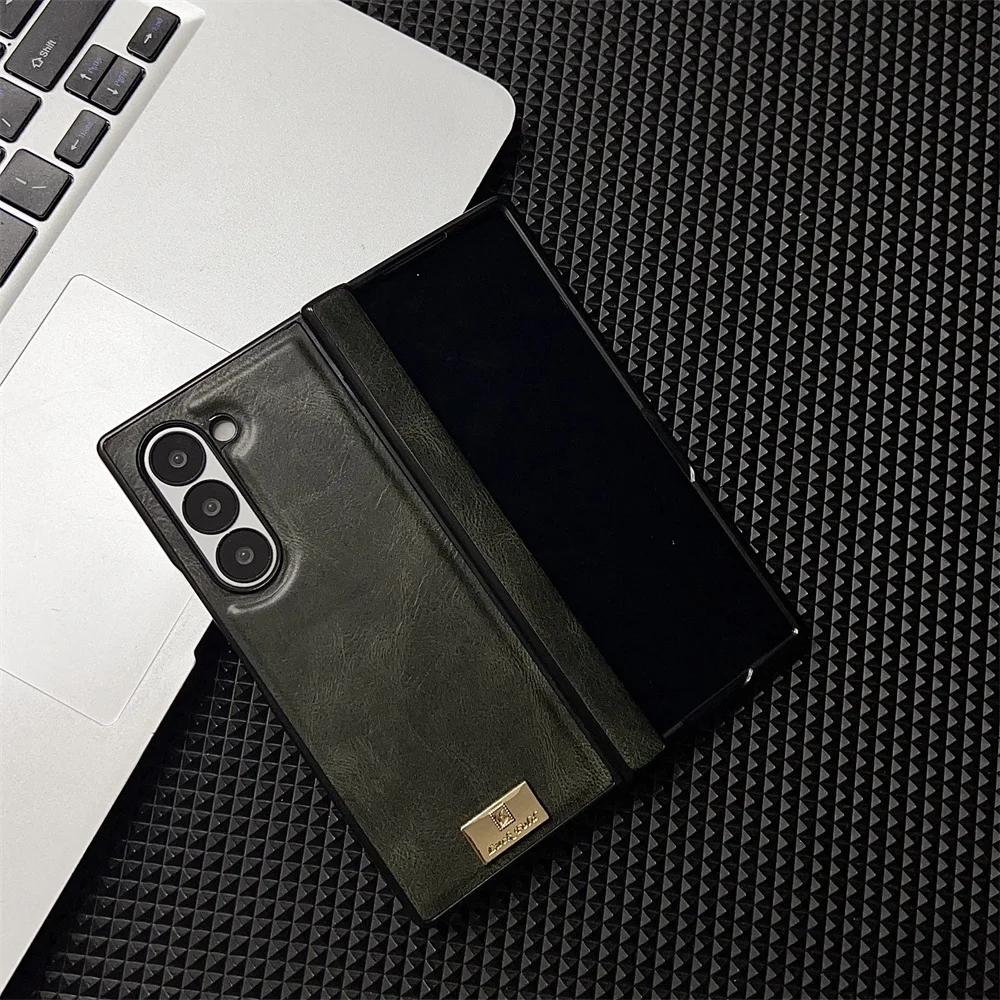 Vintage Luxury Leather Hard Drop Proof Phone Case for Samsung Galaxy Z Fold 7 6 5 4 3 Hinge Shockproof Solid Color Protect Cover