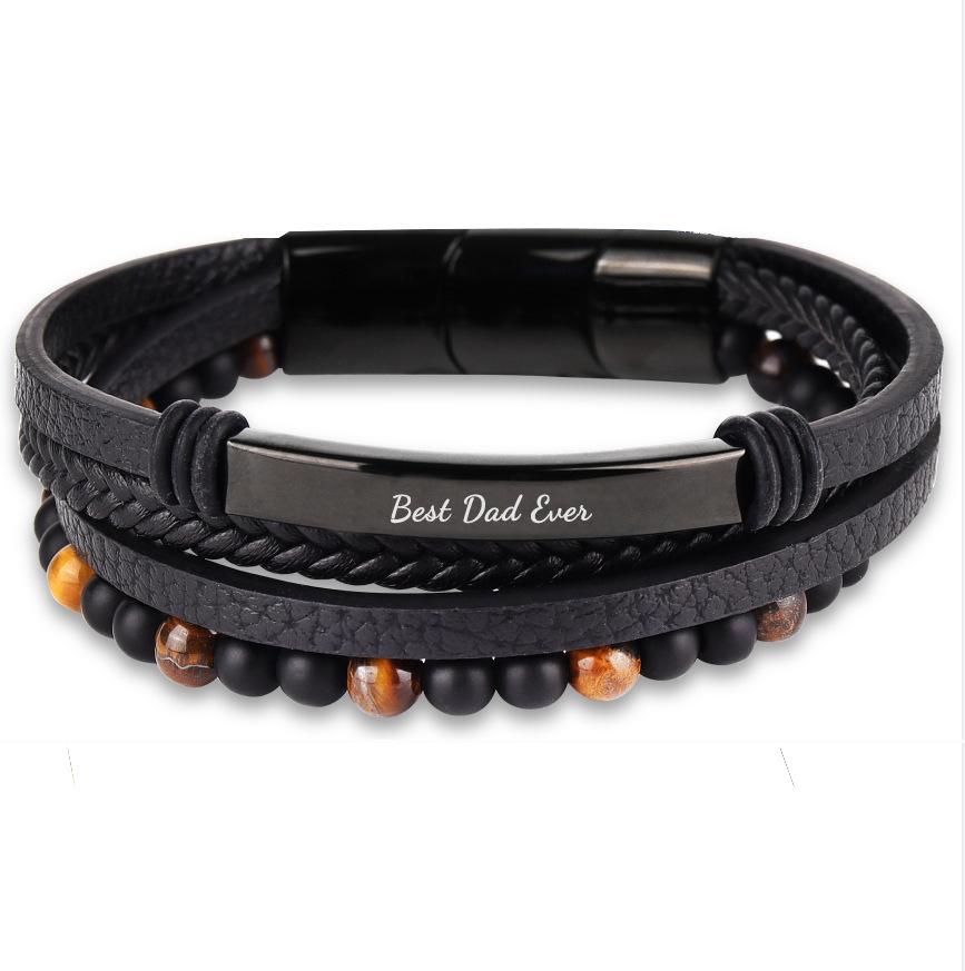 Men s Leather Bracelet Stainless Steel Elbow Engraved Magnetic Buckle Bracelet Stainless Steel Elbow Multi-layer Tiger s Eye Leather Bracelet