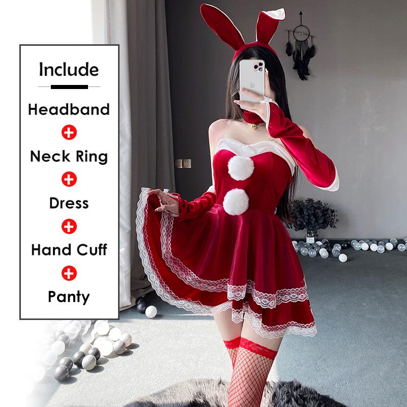 Christmas Dress Sweet Bunny Girl Costume Rabbit Woman Set Bunny Suit Sexy Lingeries Lady Cosplay New Year Maid Role Play Uniform