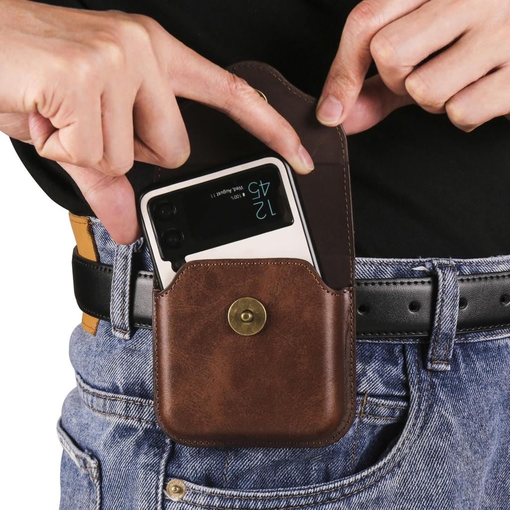 Luxury Leather Belt Clip Phone Case Men Waist Bag Cover For Samsung Z Flip6 Flip5 Moto Razr Oppo Vivo Tecno Honor Galaxy Flip 6 5 4 3 5G Holster Pouch