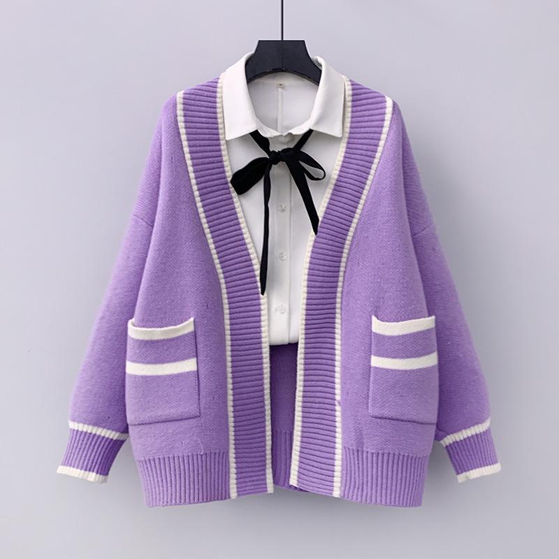 Autumn and winter new loose lazy wind pocket college style fashion sweater cardigan women's knitted sweater jacket women