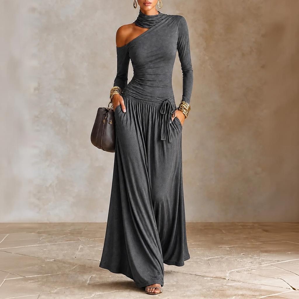 Women's Color Asymmetrical Off Shoulder Long Sleeve Casual Vacation Dress for Beach and Travel