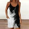 Womens Sleeveless Spaghetti Strap Romper Ink and Wash Fluid Print Pocket Short Jumpsuit