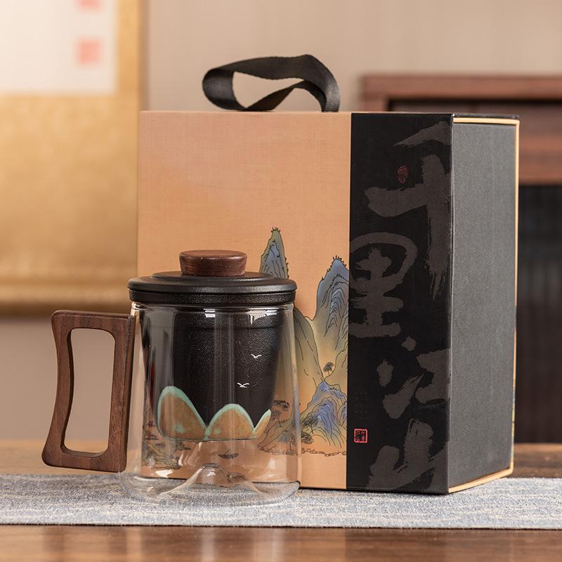 Black sandalwood handle office cup ceramic liner filter glass tea cup high-end anti-scalding gift box portable gift