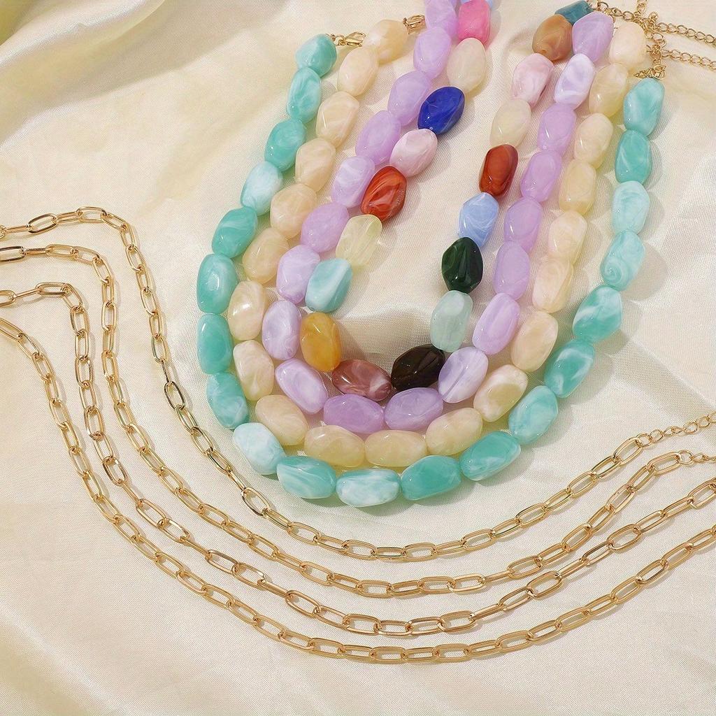 2pcs/Set Summer Creative Geometric Layered Colorful Resin Chain Necklace Set, Suitable For Daily Wear
