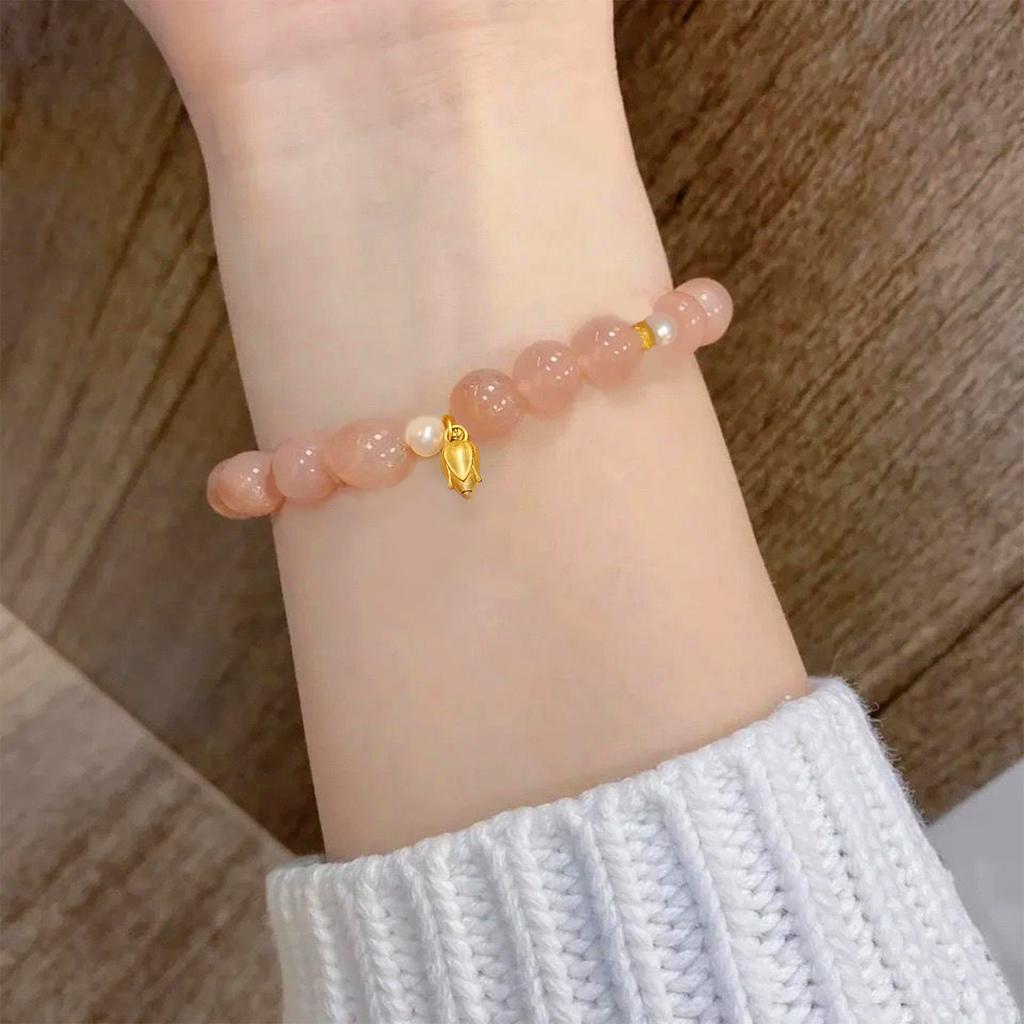 Artisan Glass Beaded Bracelet Light Pink Bracelet with Elastic String for Women Girls Teens Her