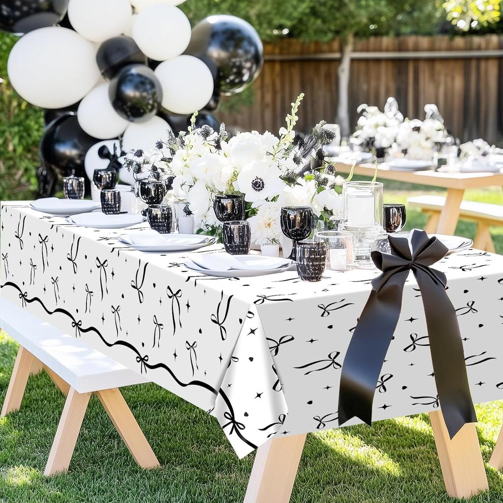 Avezano 3 pcs Black Bow Tablecloths 108 x 54 inch Bow Birthday Decorations Black and White Coquette Plastic Table Cover Disposable Bachelorette Party