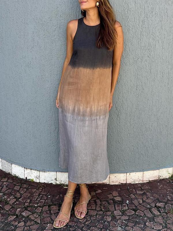 European and American summer cotton and linen round neck sleeveless gradual change dress casual women color matching straight slit