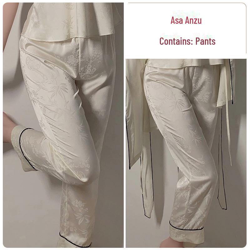 Guiruo Light Luxury Chinese Jacquard Satin Lingerie: Sexy Suspenders, Long Shorts, Outer Robe, Homewear 4-Piece Set.