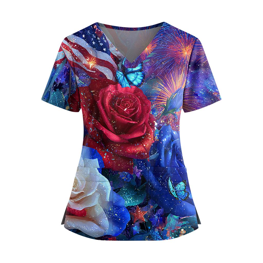 Women's Independence Day Print V-Neck Double Pocket Short Sleeve Uniform with Slit Hem - Caregiver Top