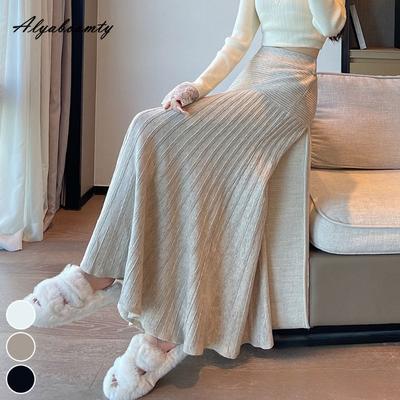 Korean Fashion Autumn Winter Women Pleated Skirt High Waist Beige Black Knitting Skirt Knitted Elegant Feminine Warm Skirts Womens