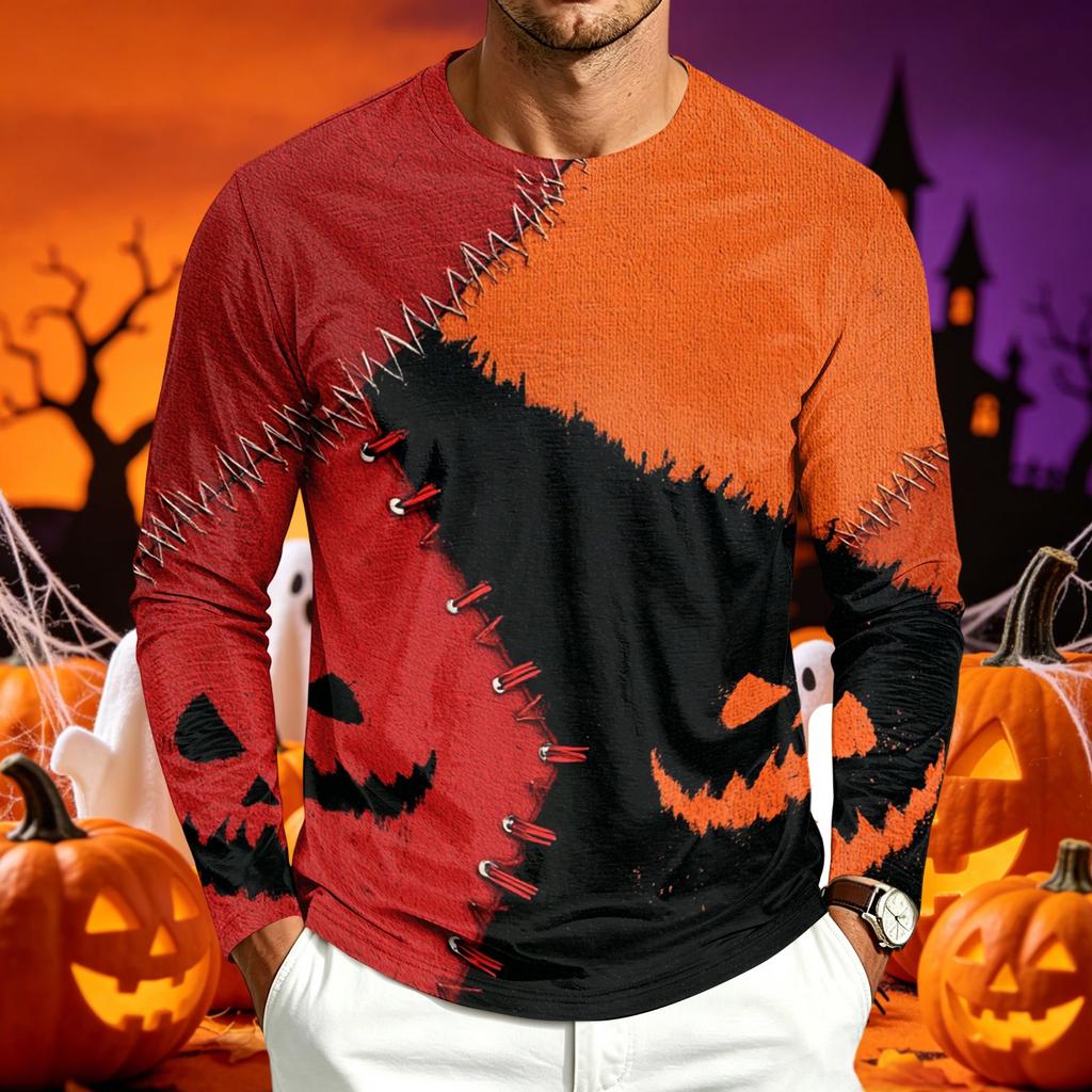 Men's Casual Long Sleeve Halloween Printed T-Shirt for Everyday Wear