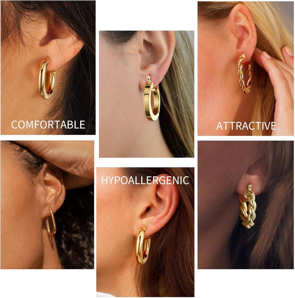 Yesteel 9 Pairs Gold Hoop Earrings for Women,Gold Plated Chunky Hoop Earrings Set for Women Hypoallergenic Thick Lightweight Earring for Womens
