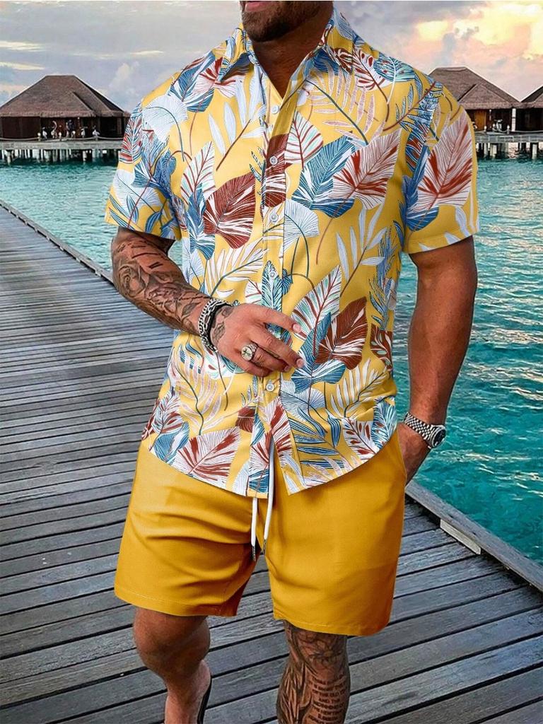 Sommer Strand 2-teiliges Hemd Set Herren Lässig Tropischer Print Kurzarmhemd Und Shorts Set Tropisches Hemd Herren Urlaubs Sets