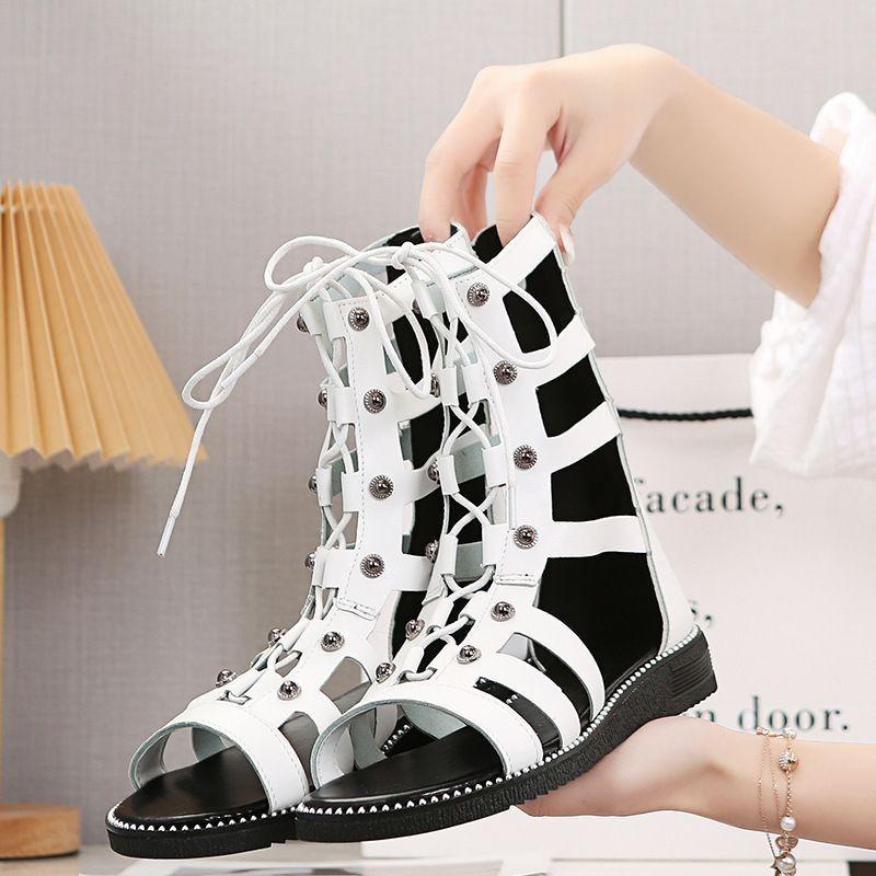 Fashion Gladiator Sandals Women Flat Sandals Summer New Hollow Out Sandal High-top Cool Boots for Women Cross Strap Roman Shoes