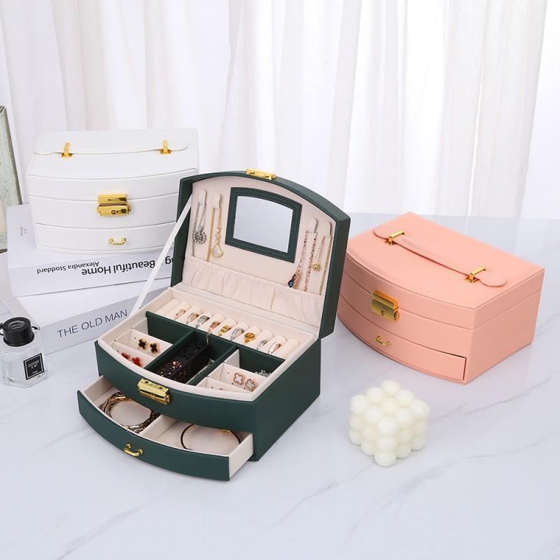 Large Double-Layer Lockable Jewelry Box With Handle PU Leather Storage Case Rings Necklaces Accessories