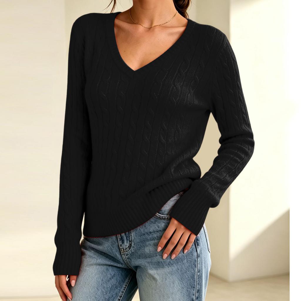 Maglione da Donna a Manica Lunga con Scollo a V a Treccia Colore