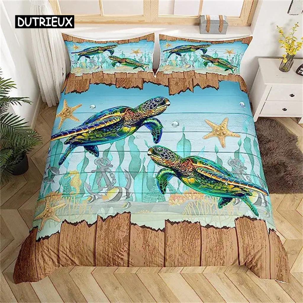 Sea Turtle Duvet Cover Green Blue Ocean Bedding Set Colorful Underwater World for Kids Child Women Nautical Sea Animal Reptile