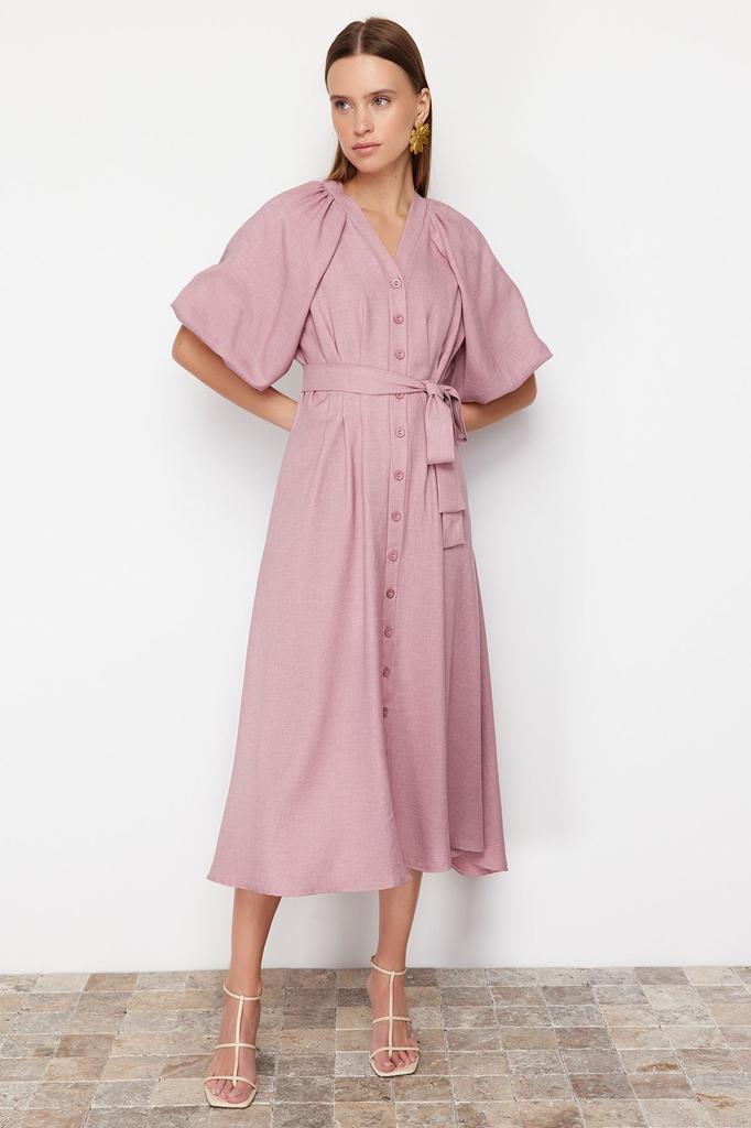 Women's Fashion Linen Look Woven Shirt Dress with Stone Belt and Half Balloon Sleeves