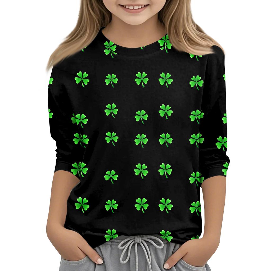 St. Patrick's Day Print Tops For Youth Girls 4-11 Years Round Neck 3/4 Sleeves T-Shirts Trendy Tops Outfit Tees