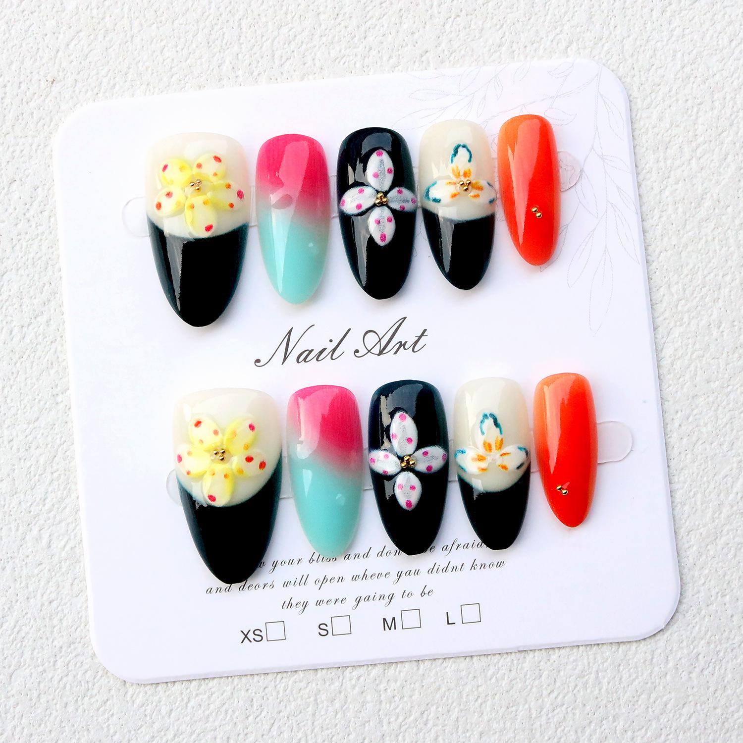 French Polka Dot 3D Embossed Flower Almond Wear-On Nails with Removable White Nail Art Stickers