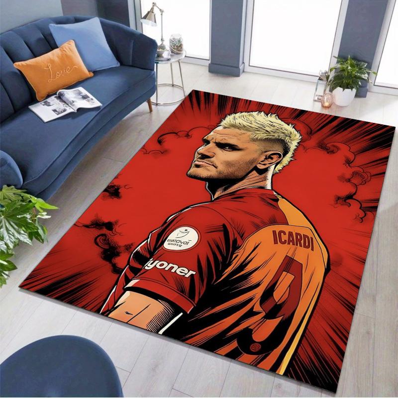 Comic Style Red Background Football Player Portrait Print Area Rug, Sports Fan Non‑Slip Floor Mat for Living Room Bedroom Home