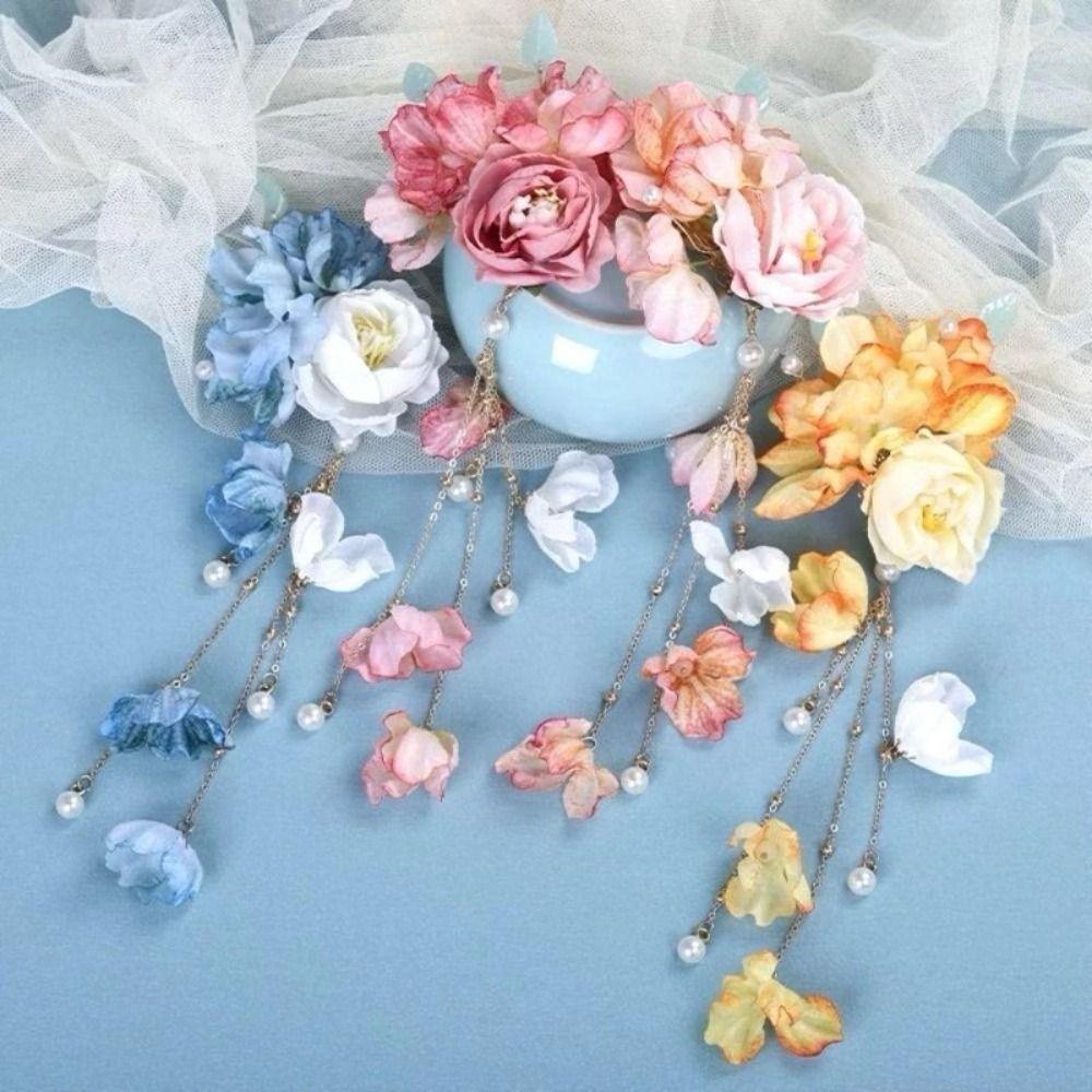 New Artificial Flower Floral Hairpin Forks Tassel Vinatge Hanfu Hair Accessories Chinese Style Multicolor Hair Clip Fork Hanfu