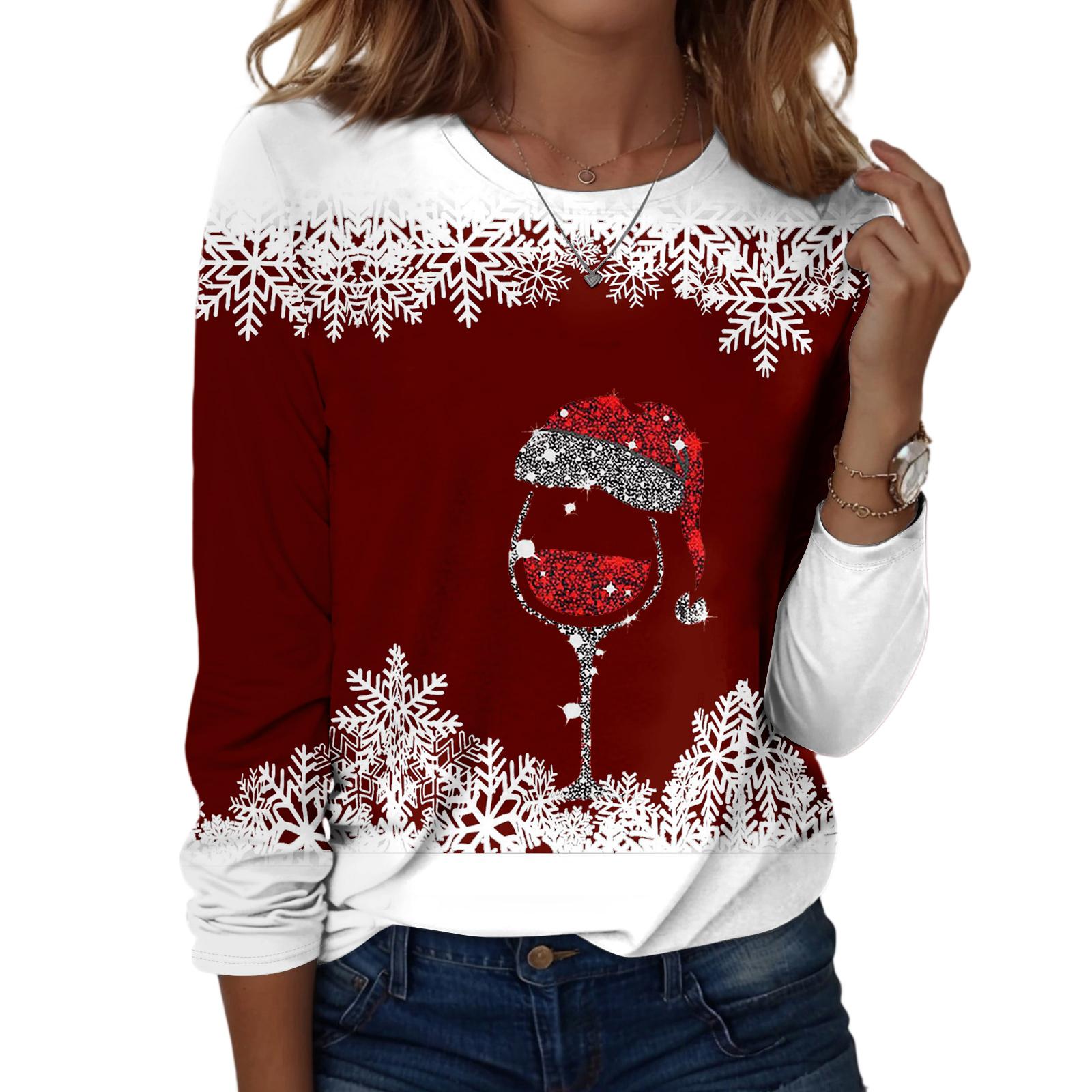 

Женская модная повседневная блузка с длинным рукавом и круглым вырезом, пуловер с принтом S винный