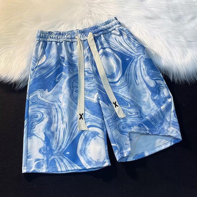 

Мужские летние тонкие свободные модные шорты-бермуды из ледяного шелка с цветочным принтом для пляжного отдыха в американском стиле хай-стрит 3XL синий