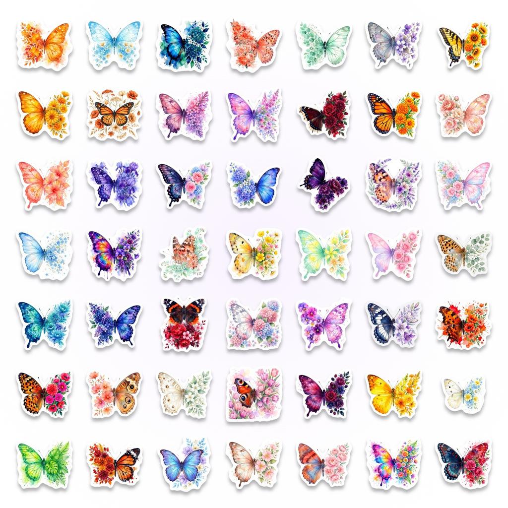 50 Butterfly Stickers Notebook Skateboard Water Cup Decoration Cute Colorful Flower Butterfly Graffiti Stickers