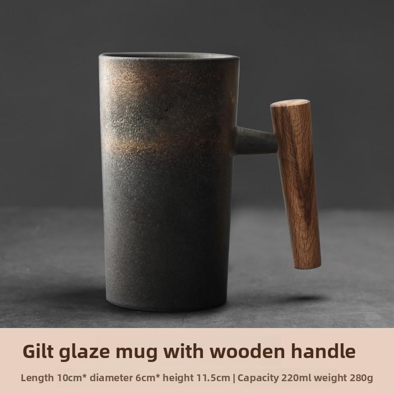 

1PC Creative wooden handle coarse pottery coffee cup Japanese retro ceramic mug vintage tea cup 301-400ml
