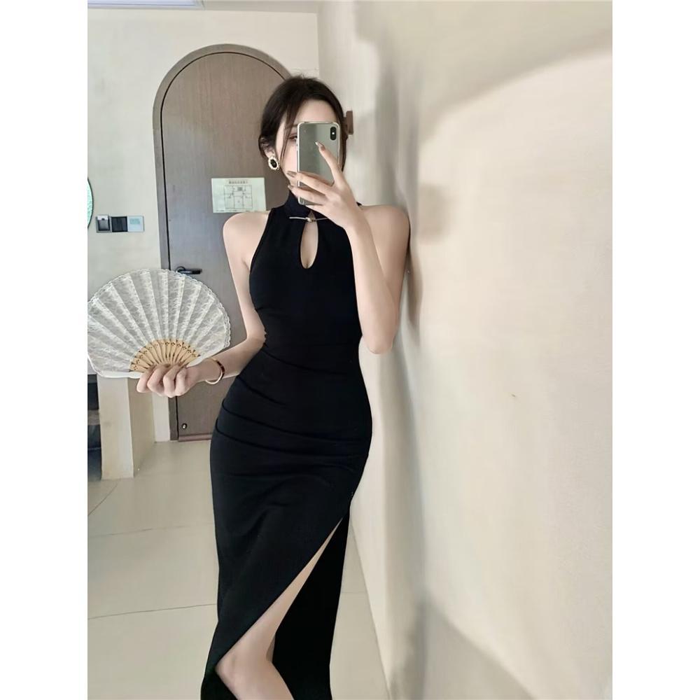 Neues chinesisches Stil verbessertes Cheongsam-Halskleid Damen Sommer Hohes Temperament Abendkleid Schlankes Hüftwickelkleid