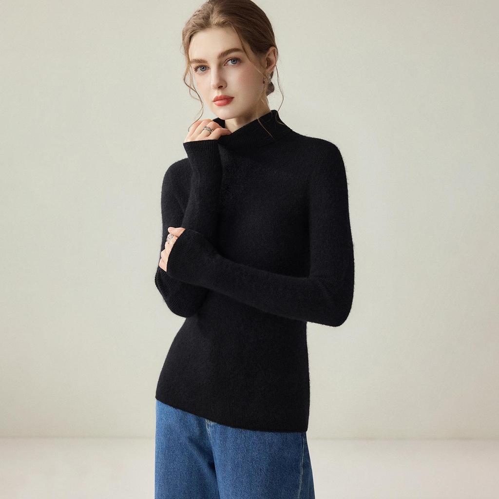 Women's 100% Cashmere Seamless High-Neck Slim-Fit Sweater - Solid Color Autumn/Winter Knitted Base Layer