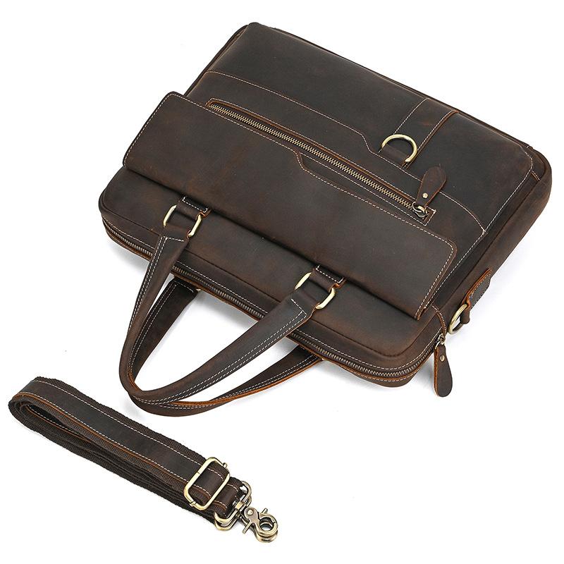 Men'S Leather Commuter Handbag 15 Inch Crazy Horse Leather Briefcase Shoulder Bag Cowhide Business Computer Bag