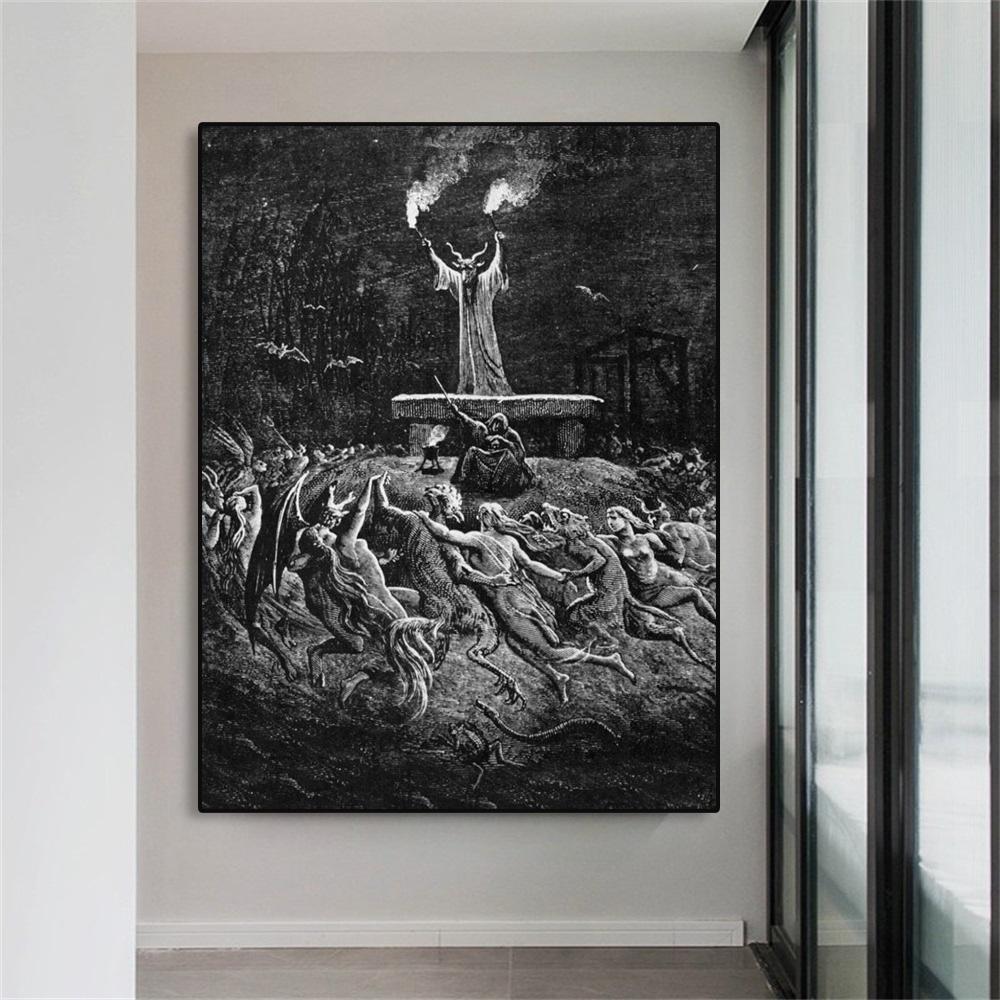 Vintage Black Poster Sabbath by Gustave Dore Sabbath Print Occult Print Home Wall Art Decor Dark Art Canvas Painting Pictures
