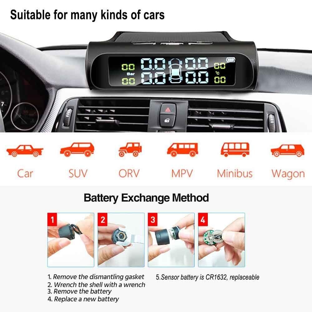 Solar TPMS Monitor System LCD Display Auto Security Alarm Systems Car Tire Pressure Alarm